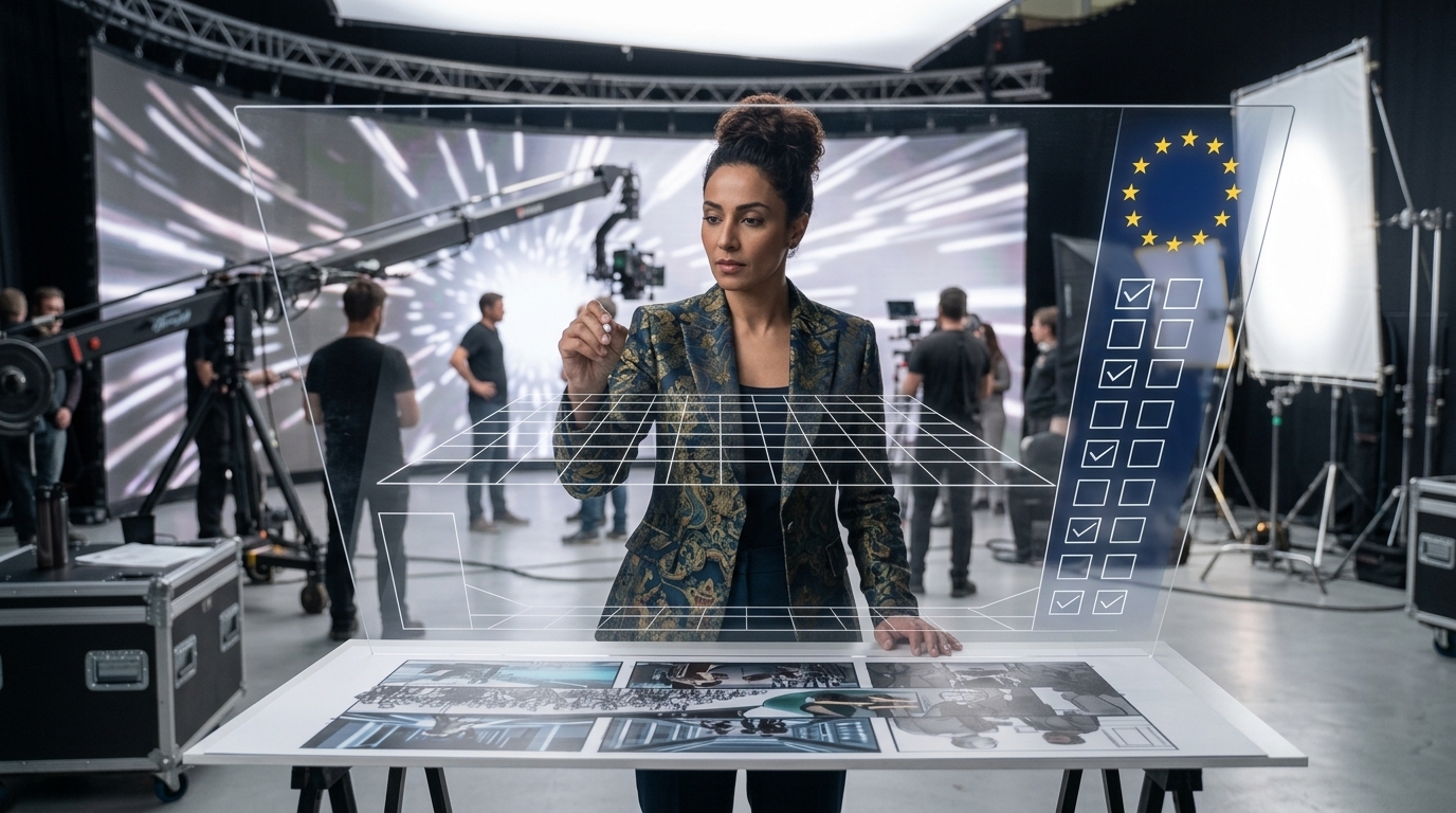 AI generated image of a woman workign on film set considering eu ai guidelines